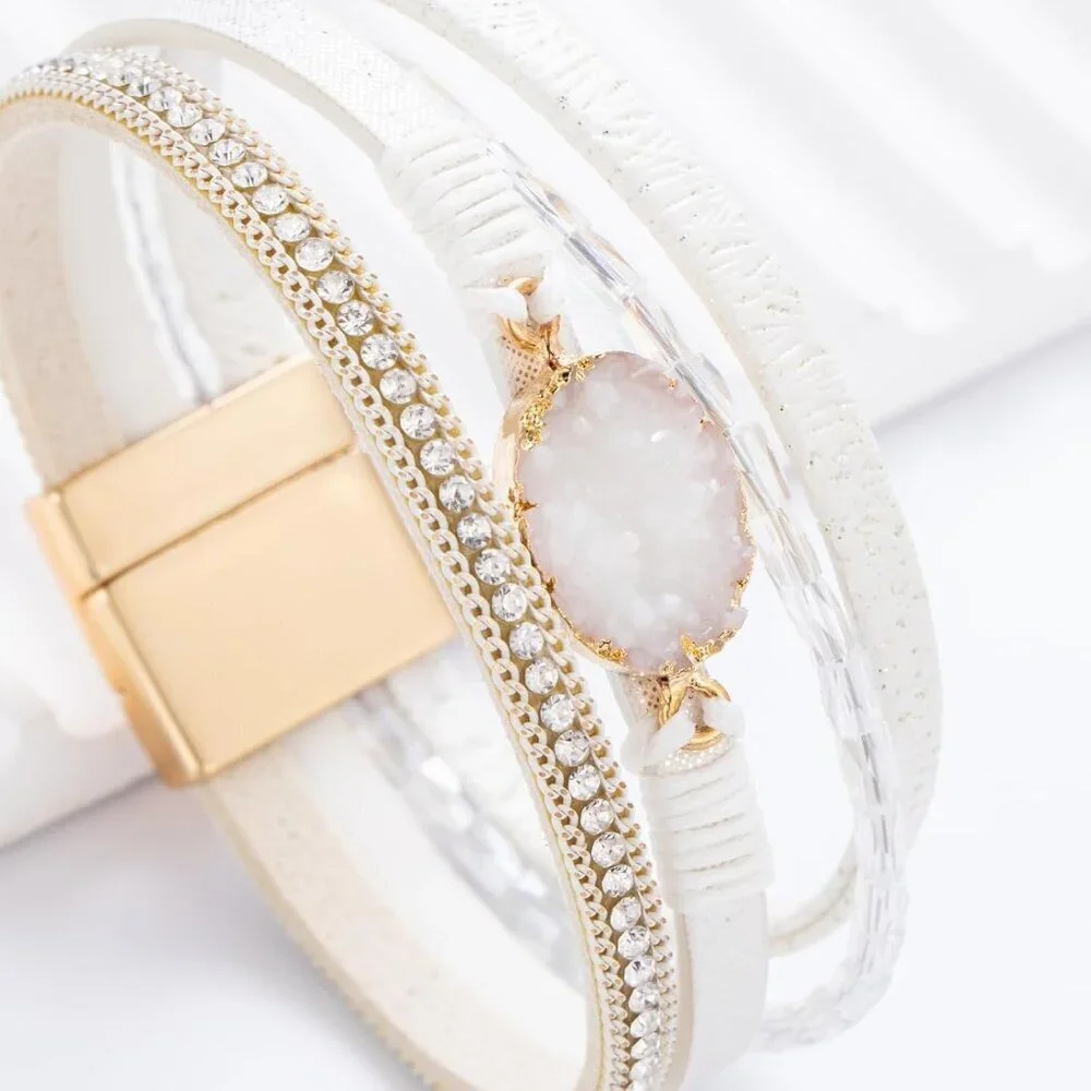 Leather Wrap Bracelet Boho Cuff Bangle Crystal Bead with Magnetic Clasp for Wome